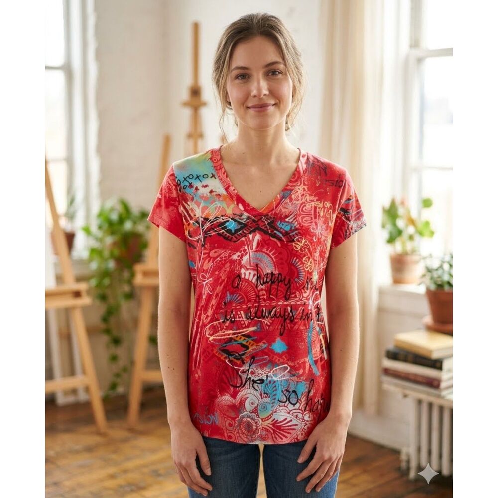 Vintage Y2K Chico's Tee Womens 2 Butterfly Graphic V Neck Short Sleeve Retro - Picture 1 of 7